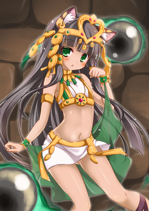 1girl, animal_ears, bastet_(p&amp;d), black_hair, cat_ears, cat_tail, cross-laced_footwear, crown, dark_skin, egyptian, green_eyes, jewelry, long_hair, midriff, open_mouth, puzzle_&amp;_dragons, rinka_(yuyutei), solo, tail