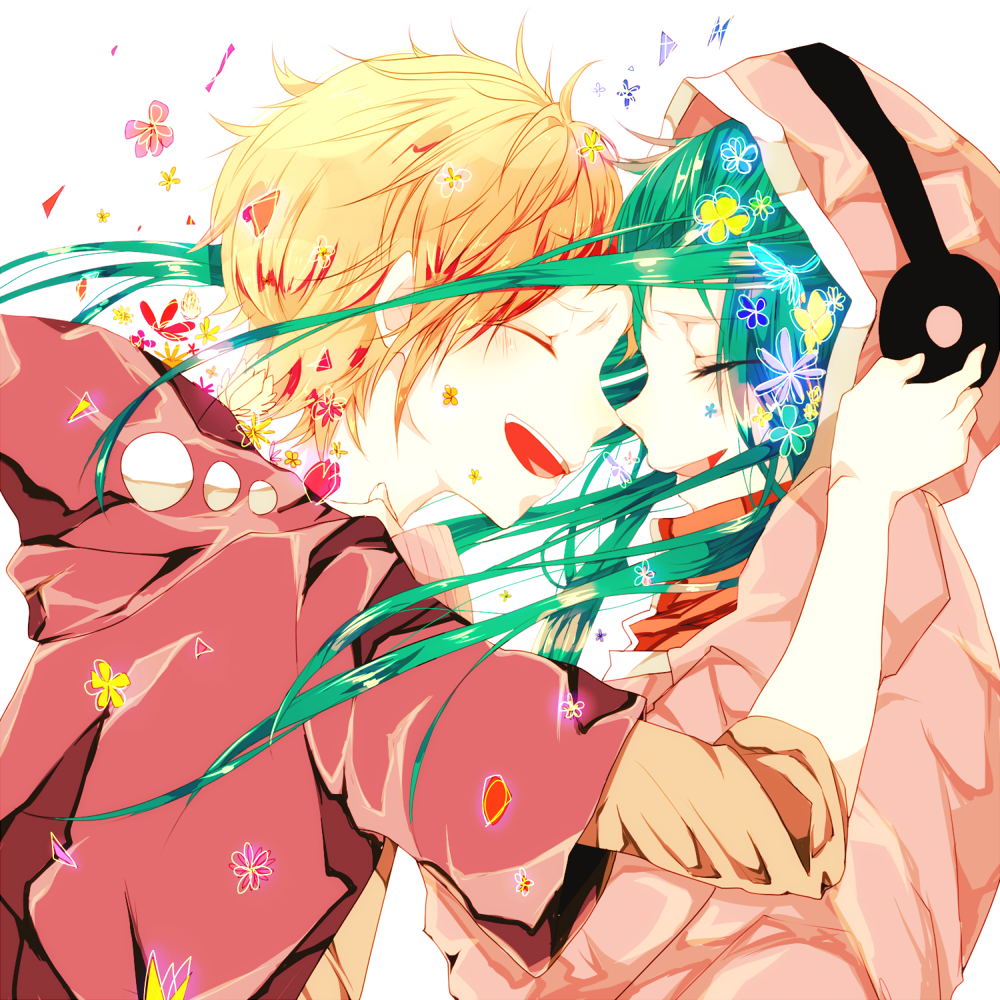 1boy, 1girl, 8776, blonde_hair, closed_eyes, couple, flower, forehead-to-forehead