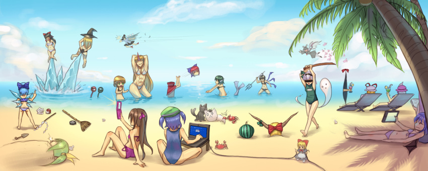 /\/\/\, 6+girls, ahoge, ass, beach, bikini, black_hair, blonde_hair
