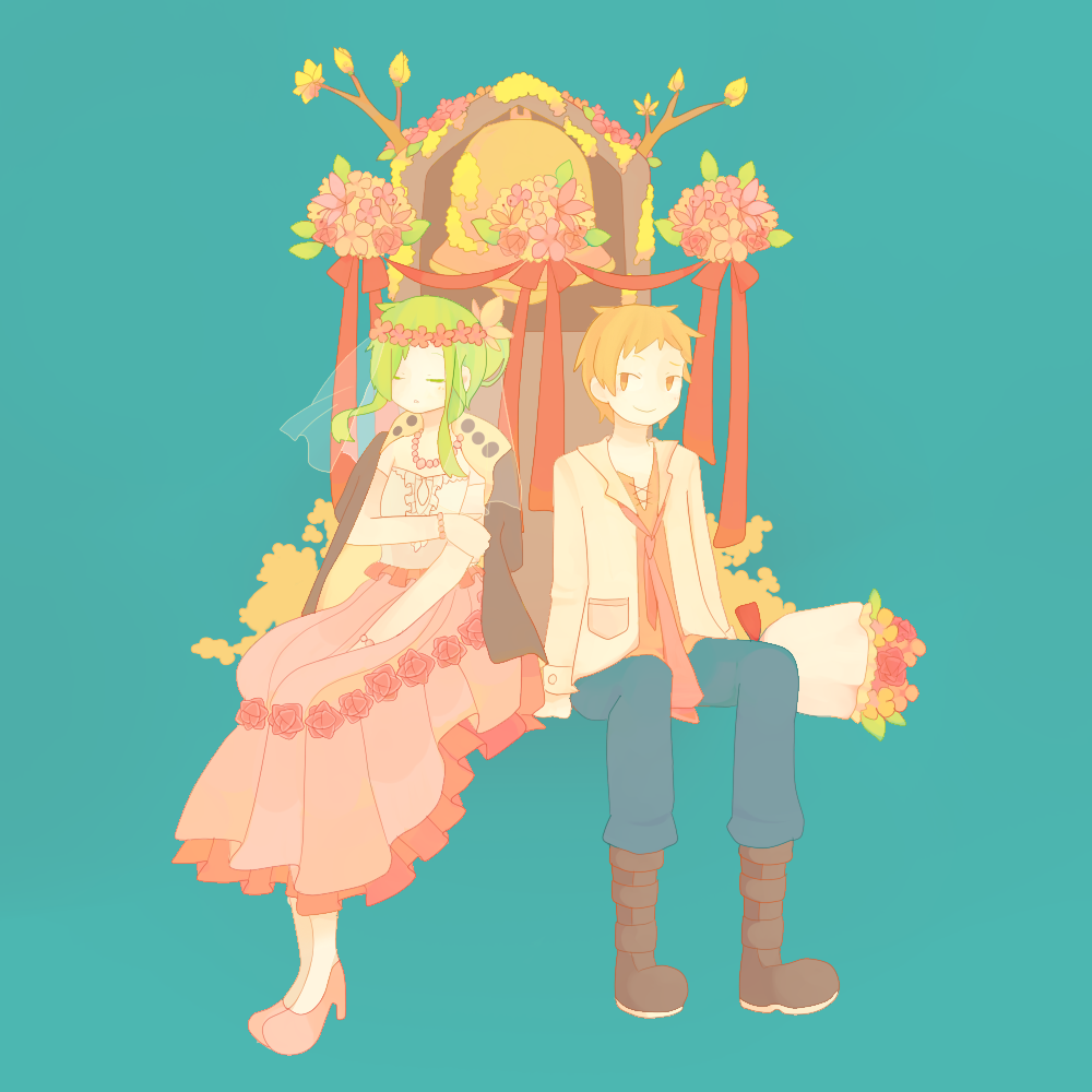 1boy, 1girl, bell, bridal_veil, brown_hair, couple, dress, flower, green_hair, hetero, kagerou_project, kano_(kagerou_project), kido_(kagerou_project), kiiro1082, long_hair, short_hair, veil, wedding_dress