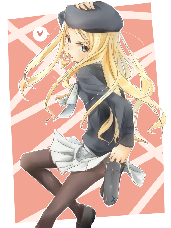 akisyuuno, beret, black_legwear, blonde_hair, blue_eyes, frenda_seivelun, hat, long_hair
