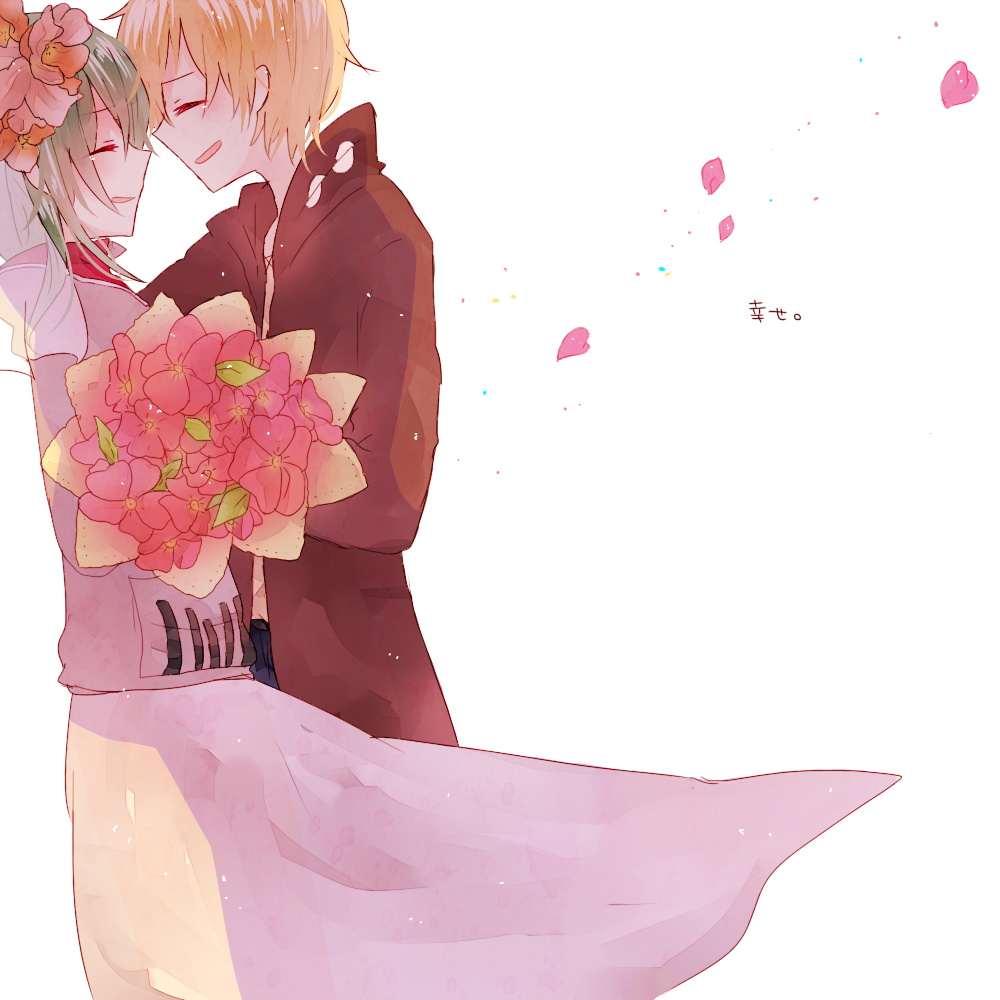 1boy, 1girl, bouquet, bridal_veil, closed_eyes, couple, flower, happy, hetero, hoodie, kagerou_project, kano_(kagerou_project), kido_(kagerou_project), long_hair, petals, short_hair, smile, tears, veil, yui_(sketdance1022)