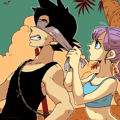 blue_eyes, bulma, dragon_ball, dragonball, dramatica, lowres, oekaki, purple_hair, son_goku, son_gokuu