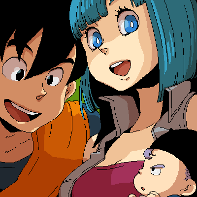 blue_eyes, blue_hair, bulma, dragon_ball, dragon_ball_z, dramatica, lowres, oekaki, short_hair, smile, son_goku, trunks_(dragon_ball)
