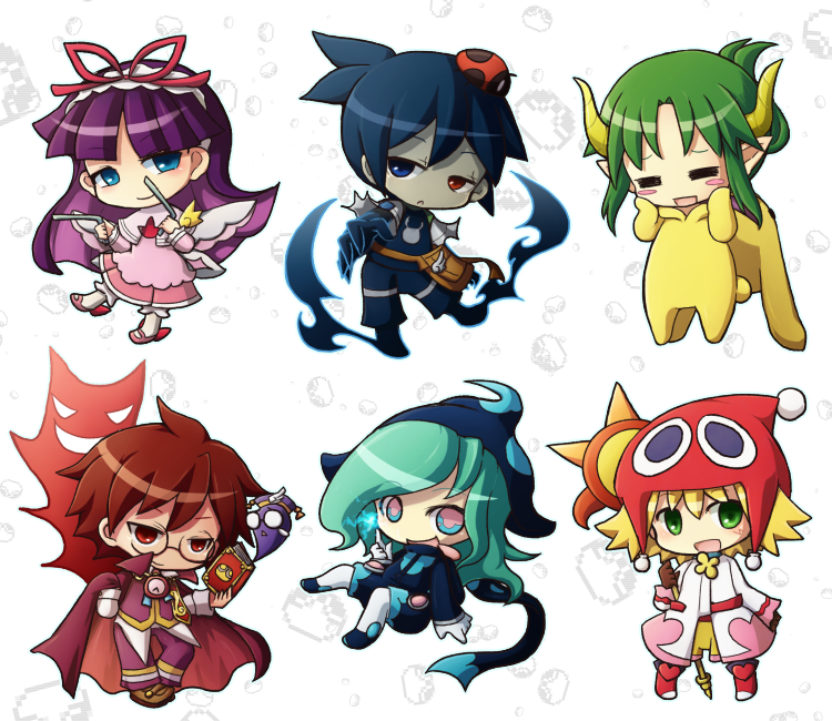 2girls, 4boys, =_=, ahoge, amitie, amitie_(puyopuyo), aqua_hair, bag