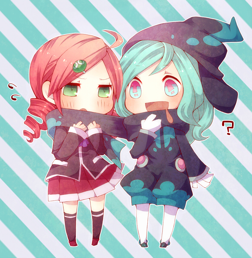 1boy, 1girl, :d, ?, ahoge, andou_ringo, aqua_eyes, aqua_hair