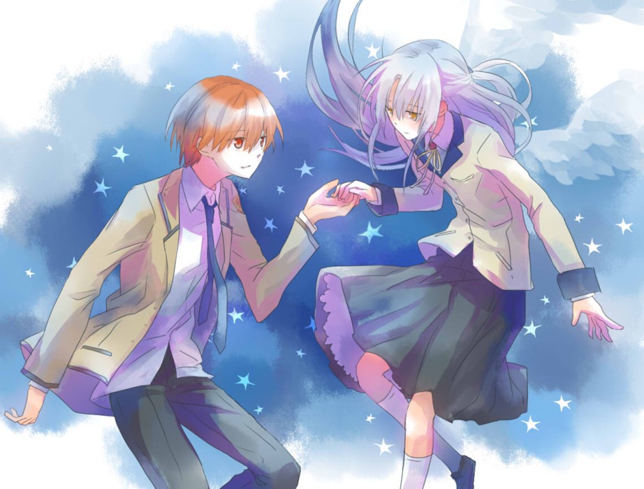 1boy, 1girl, angel_beats!, brown_eyes, brown_hair, fumiharu, long_hair, otonashi_(angel_beats!), school_uniform, short_hair, silver_hair, tachibana_kanade, yellow_eyes