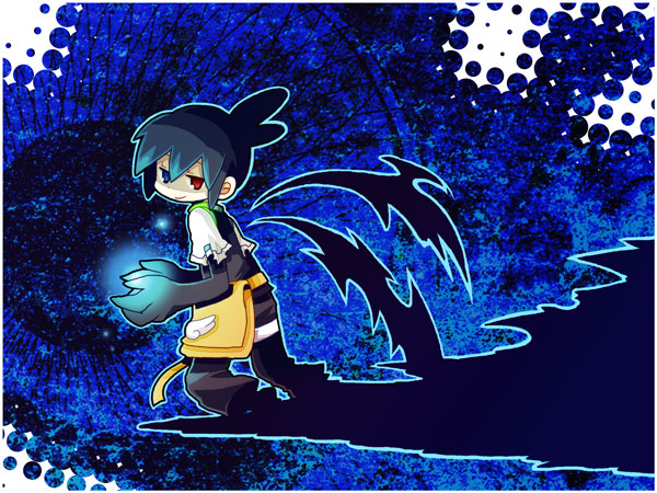 1boy, ahoge, bag, black_hair, black_sig, blue_background, blue_eyes, hato_mune