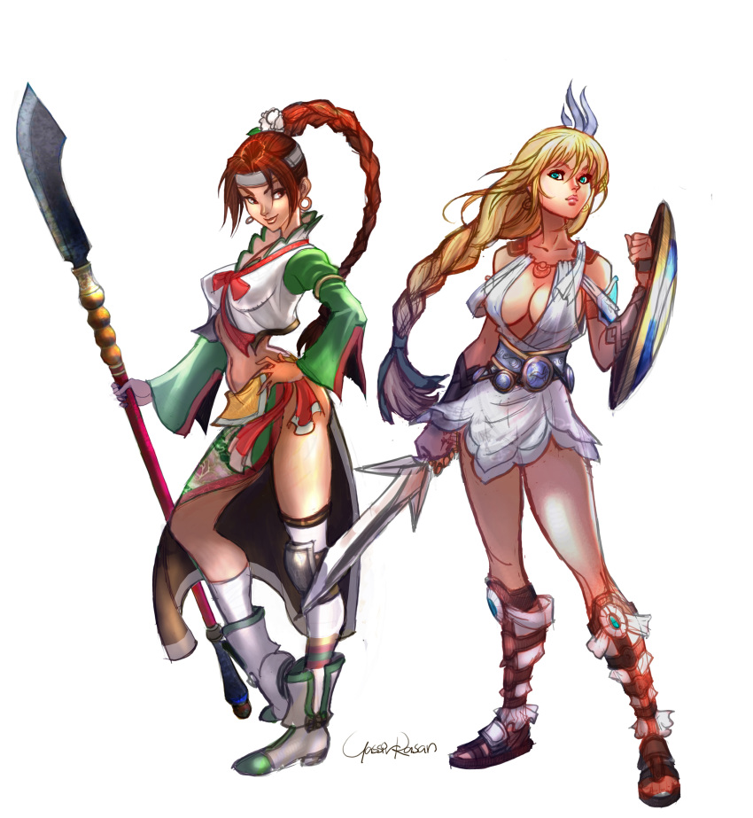 absurdres, blonde_hair, boots, braid, breasts, brown_eyes, brown_hair, cleavage, earrings, green_eyes, halberd, headband, highres, hoop_earrings, jewelry, lips, long_hair, mismatched_legwear, multiple_girls, navel, polearm, seeso2d, seong_mi-na, seung_mina, sheild, shield, signature, single_braid, single_sock, single_thighhigh, socks, sophitia_alexandra, soul_calibur, soulcalibur, spear, sword, thighhighs, weapon