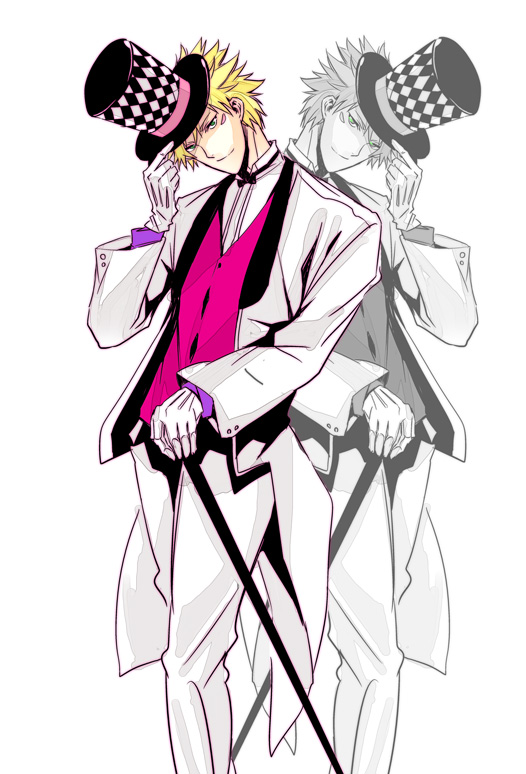 19routine, 2boys, adjusting_clothes, adjusting_hat, blonde_hair, caesar_anthonio_zeppeli, dual_persona, facial_mark