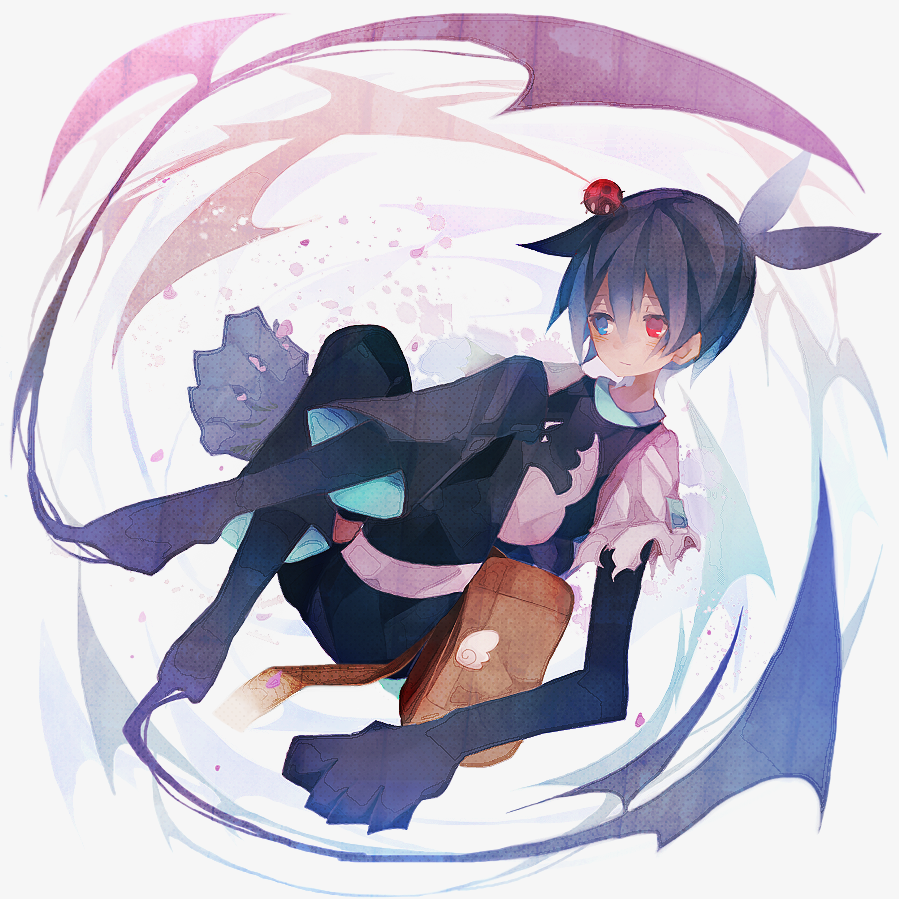 1boy, ahoge, bag, black_hair, black_sig, blue_eyes, capri_pants, expressionless, heterochromia, insect, ladybug, male, miwasiba, puyopuyo, puyopuyo_fever, red_eyes, shirt, sig, solo