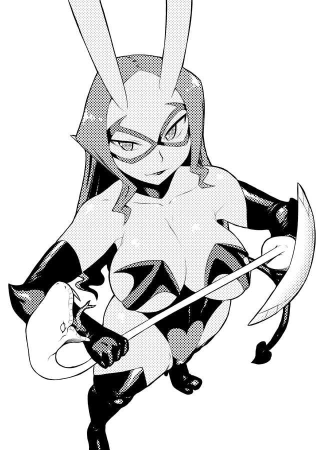 1girl, bare_shoulders, boots, breasts, choker, cleavage, d._violet, dark_skin, demon_tail, elbow_gloves, gloves, horns, large_breasts, long_hair, mask, skullgirls, snake, solo, tail, thigh-highs, thigh_boots, tsukudani_(coke-buta), weapon