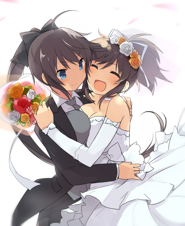 2girls, :d, ahoge, alternate_costume, asuka_(senran_kagura), bare_shoulders, black_hair, blush