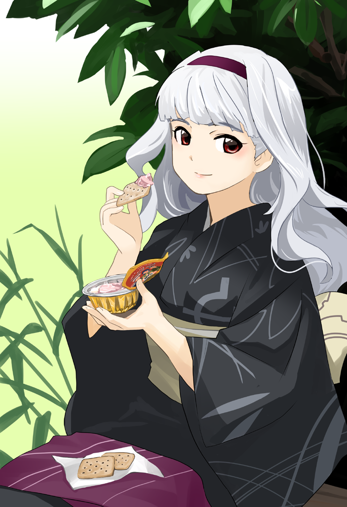 1girl, akai_sashimi, canned_food, cracker, eyeshadow, food, hairband, idolmaster, japanese_clothes, kimono, light_smile, long_hair, makeup, rations, red_eyes, shijou_takane, silver_hair, sitting, smile, solo