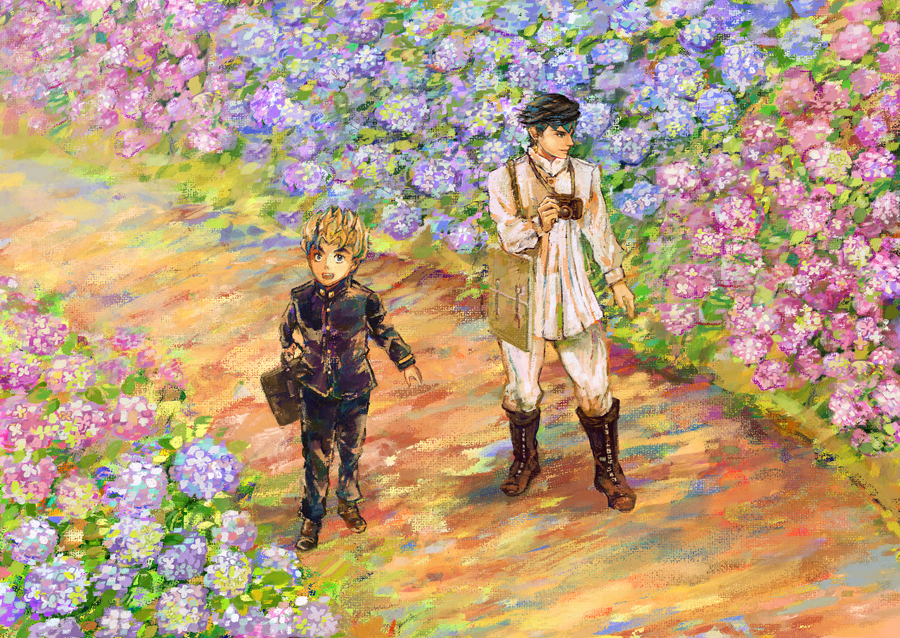 2boys, blonde_hair, boots, field, flower, flower_field, gakuran, headband, hirose_kouichi, jojo_no_kimyou_na_bouken, kishibe_rohan, multiple_boys, oden100, school_uniform