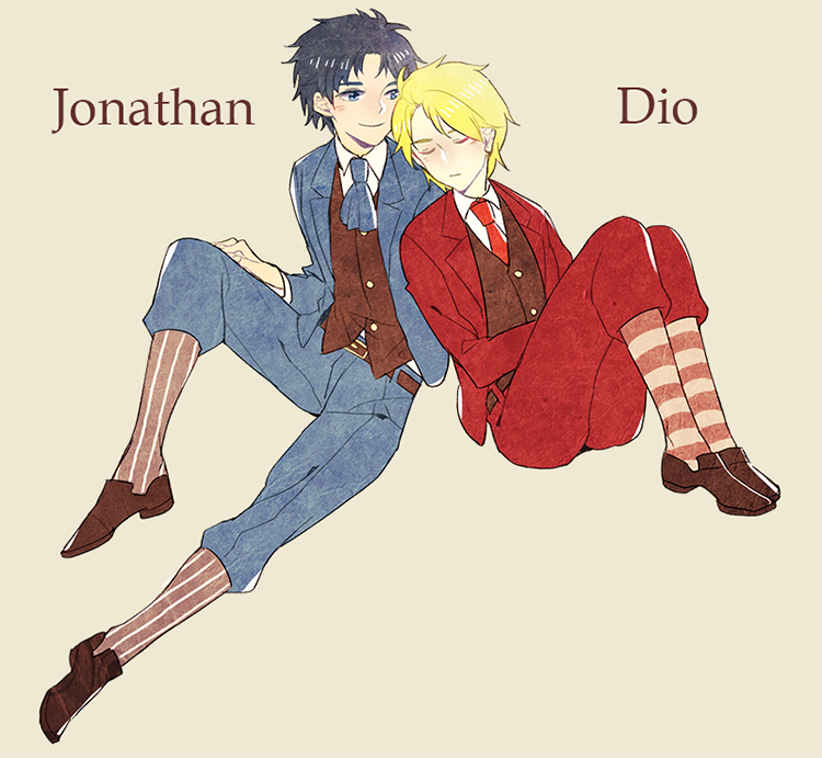 2boys, blonde_hair, blue_eyes, blue_hair, dio_brando, jojo_no_kimyou_na_bouken, jonathan_joestar, multiple_boys