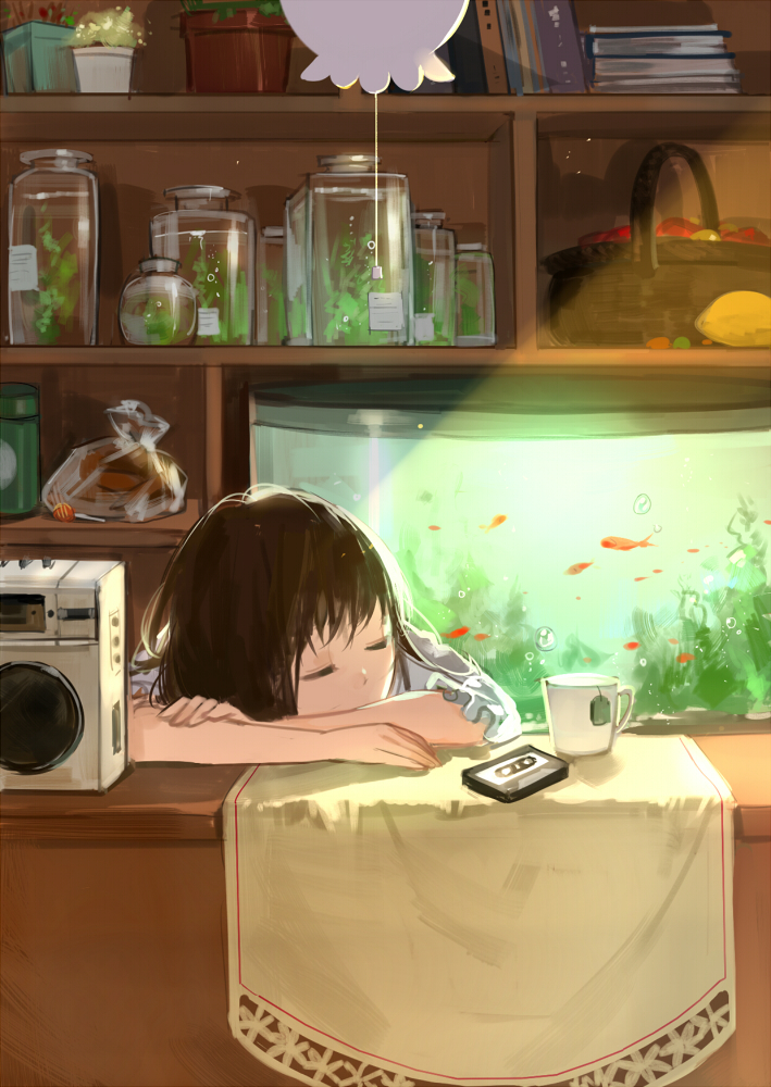 1girl, basket, book, bottle, cassette_tape, cotta, cup, fish