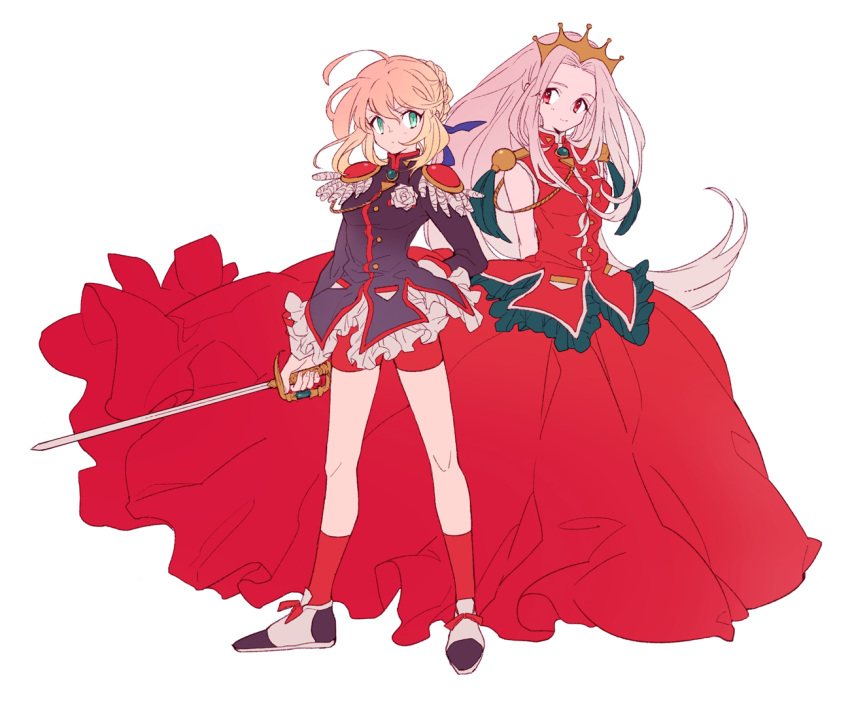 2girls, ahoge, blonde_hair, cosplay, crown, dress, epaulettes, fate/zero, fate_(series), green_eyes, himemiya_anthy, himemiya_anthy_(cosplay), irisviel_von_einzbern, long_hair, multiple_girls, ponytail, rapier, red_eyes, saber, shoujo_kakumei_utena, sword, tenjou_utena, tenjou_utena_(cosplay), tochiko_(spi), weapon, white_hair