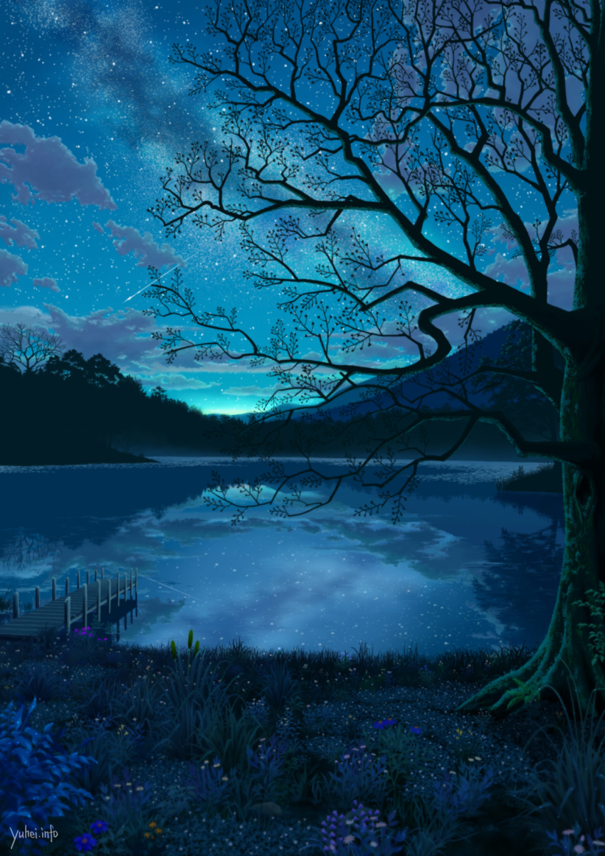 artist_name, blue, blurry, clouds, depth_of_field, flower, forest, grass, highres, hill, milky_way, nature, night, night_sky, no_humans, original, reflection, revision, scenery, shooting_star, sky, star_(sky), starry_sky, tree, water, watermark, web_address, yuuhei