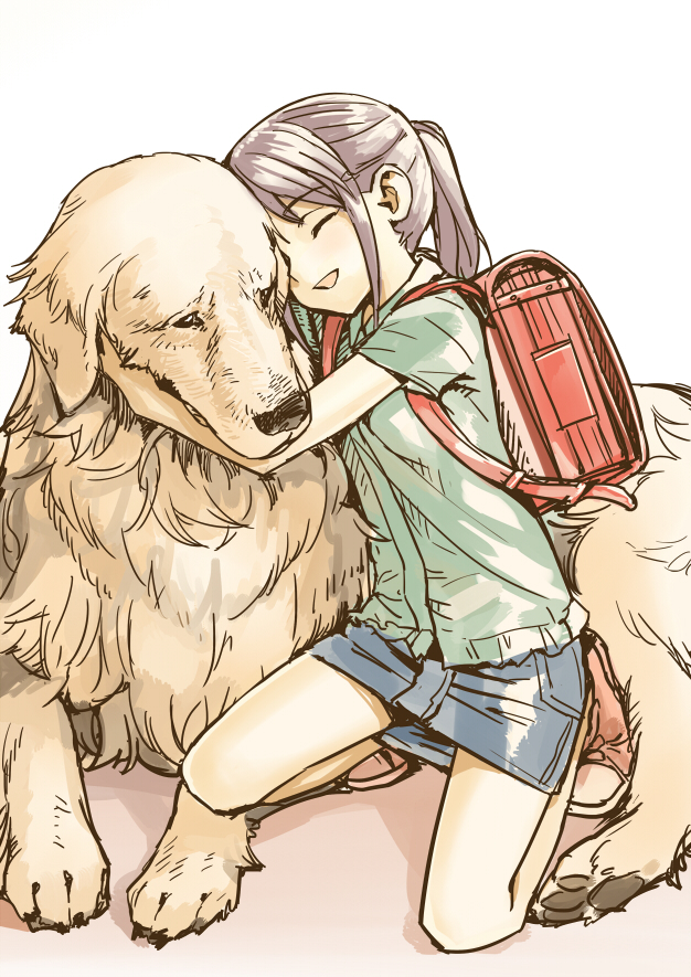 1girl, backpack, bag, brown_hair, character_request, child, closed_eyes, dog