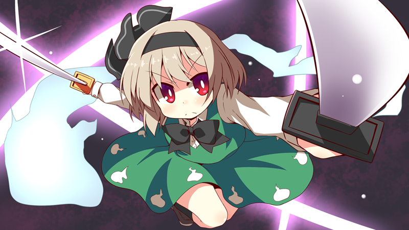 1girl, bow, dual_wielding, grey_hair, hair_ribbon, katana, konpaku_youmu, konpaku_youmu_(ghost), red_eyes, ribbon, short_hair, skirt, skirt_set, solo, sword, tenjou_nanaki, touhou, weapon