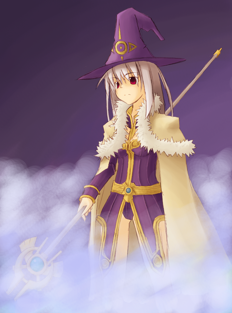1girl, cloak, fog, hat, original, r-sylph, red_eyes, solo