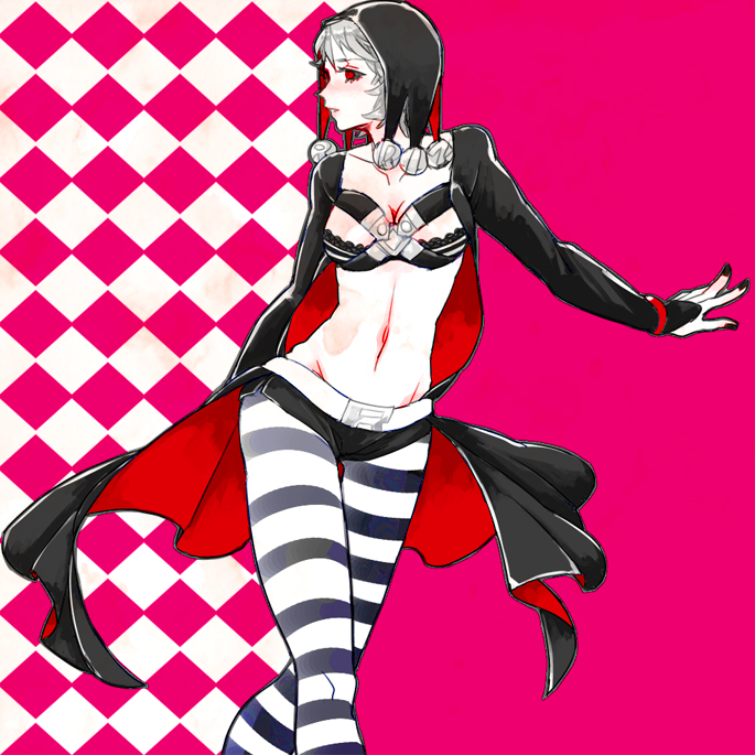 bikini_top, black_sclera, genderswap, grey_hair, hat, jojo_no_kimyou_na_bouken, moysunabe1218, red_eyes