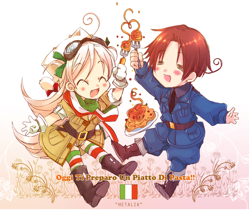 =_=, ^_^, ahoge, animal_ears, animal_hat, arm_up, axis_powers_hetalia, belt, blush, boots, brown_hair, cat_ears, chibi, closed_eyes, crossover, fang, food, fork, gloves, goggles, goggles_on_head, hair_ribbon, happy, hat, italian, izumi_rei, l3_(tank), long_hair, mecha_musume, military, military_uniform, moe_moe_niji_taisen_deluxe, moe_moe_niji_taisen_ryaku, multicolored_legwear, necktie, northern_italy_(hetalia), open_mouth, pasta, pink_hair, ribbon, scarf, short_hair, short_twintails, smile, spaghetti, striped, striped_legwear, striped_thighhighs, thigh-highs, thighhighs, translated, twintails, uniform, veloce, very_long_hair, zettai_ryouiki