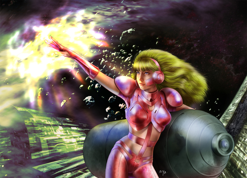 1girl, android, armor, ayatonas, bird, blonde_hair, blue_eyes, energy