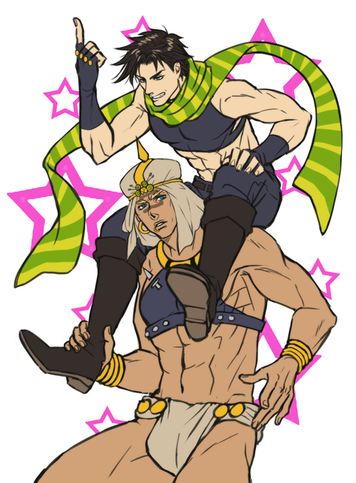 2boys, boots, brown_hair, carrying, facial_mark, fingerless_gloves, gloves, jojo_no_kimyou_na_bouken, joseph_joestar_(young), midriff, multiple_boys, muscle, rollingcalling, scarf, shoulder_carry, tattoo, turban, wham