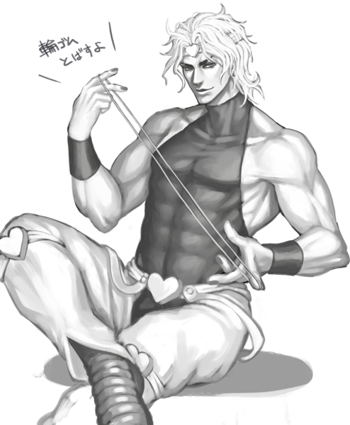 1boy, dio_brando, greyscale, headband, heart, jojo_no_kimyou_na_bouken, knee_pads, monochrome