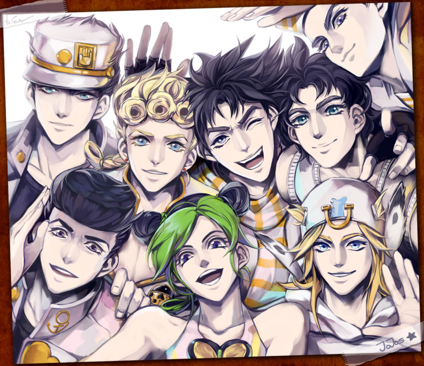 1girl, black_hair, blonde_hair, deyamiro, family, giorno_giovanna, green_hair, hat