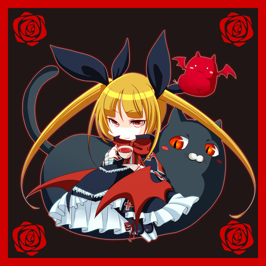 1girl, bat, black_background, blazblue, blonde_hair, bow, cup, dress
