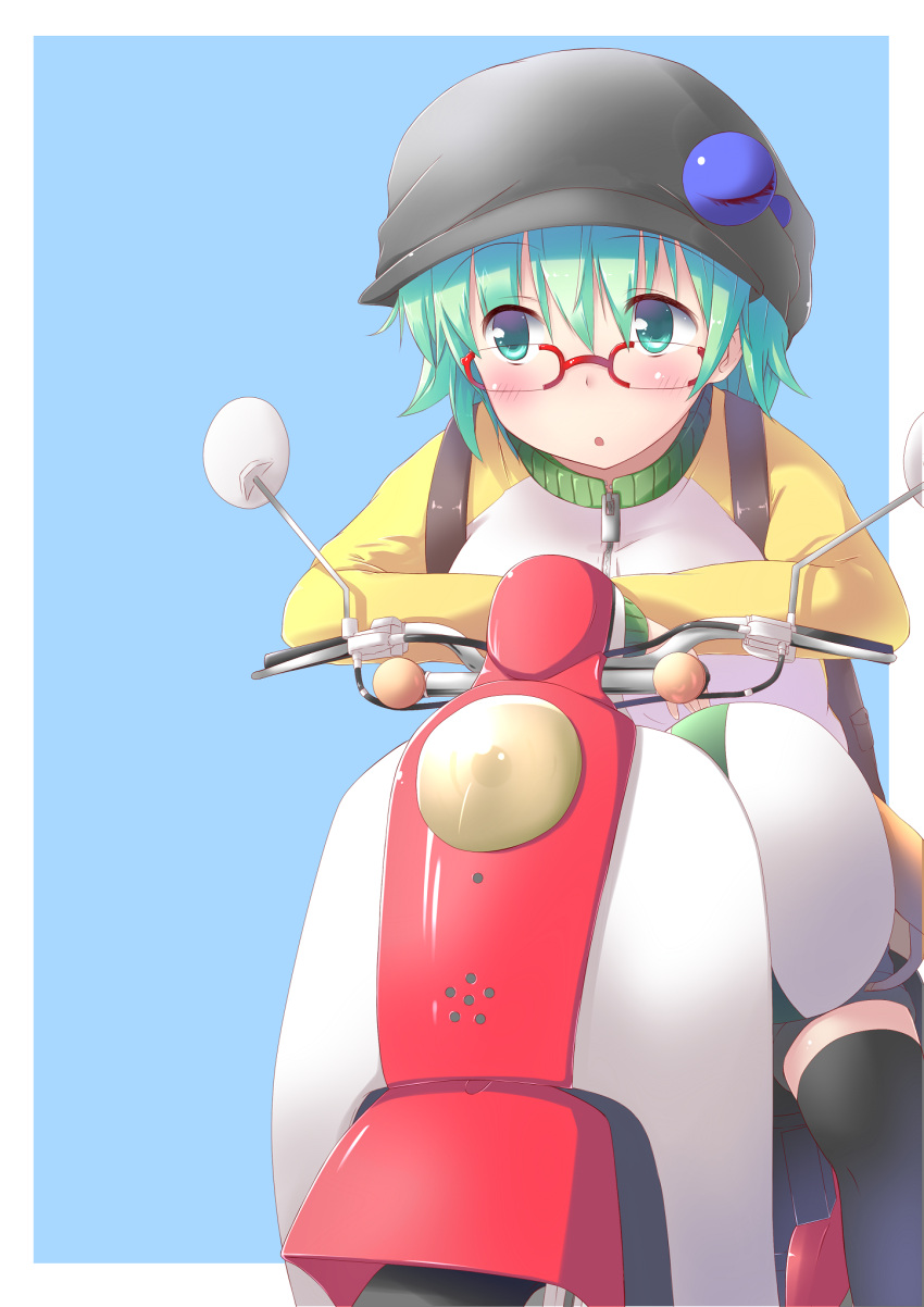 1girl, bag, black_legwear, blue_background, blush, eyeball, glasses, green_eyes
