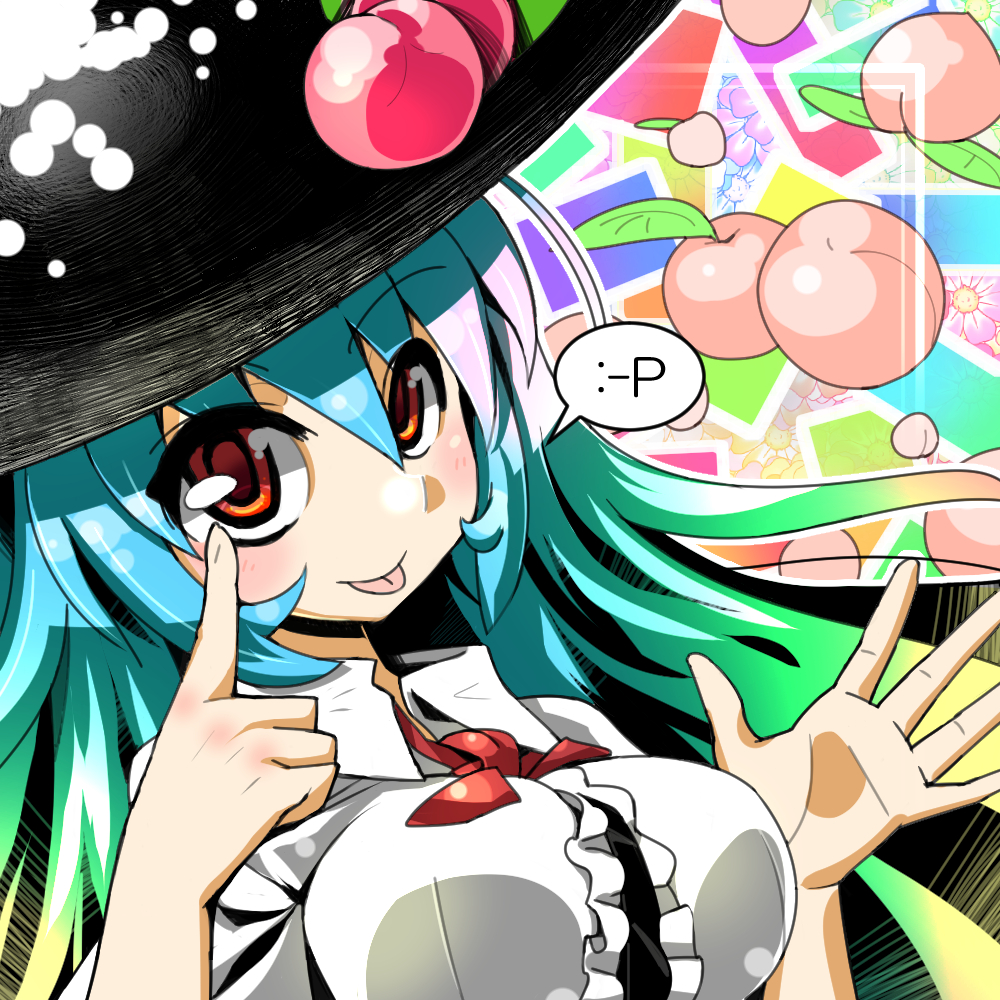 1girl, :p, blue_hair, breasts, emoticon, food, fruit, hat