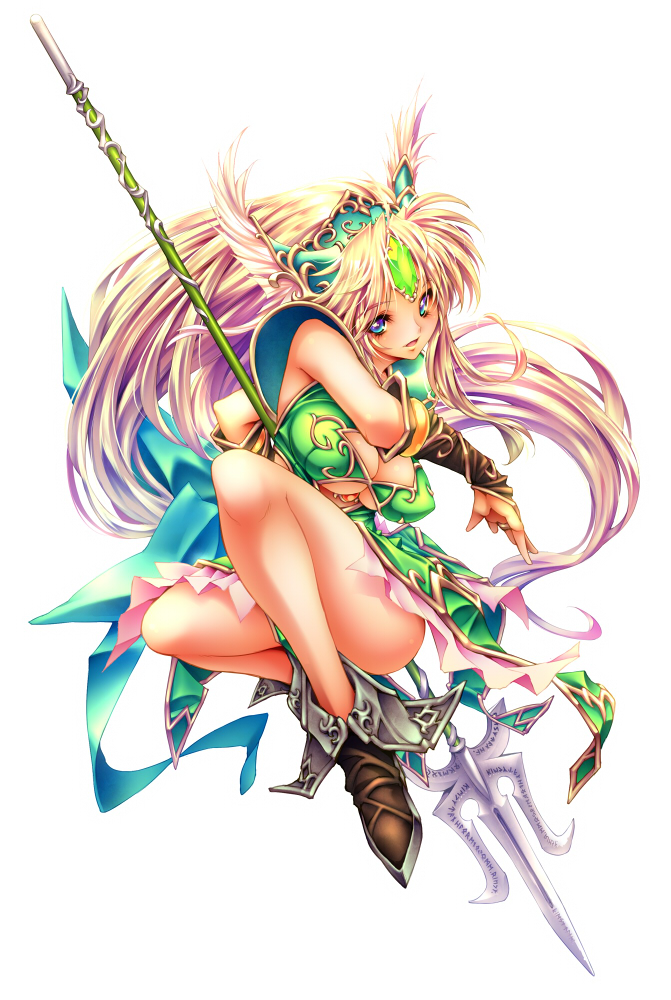 144_(riesztan), 1girl, armor, blonde_hair, blue_eyes, breasts, bridal_gauntlets, cleavage