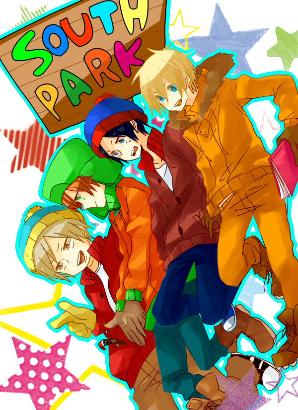 black_hair, blonde_hair, blue_eyes, book, brown_hair, coat, english, eric_cartman