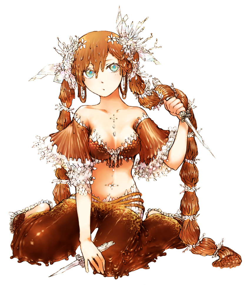 blue_eyes, braid, brown_hair, chocolate, food_as_clothes, food_themed_clothes, hands, highres