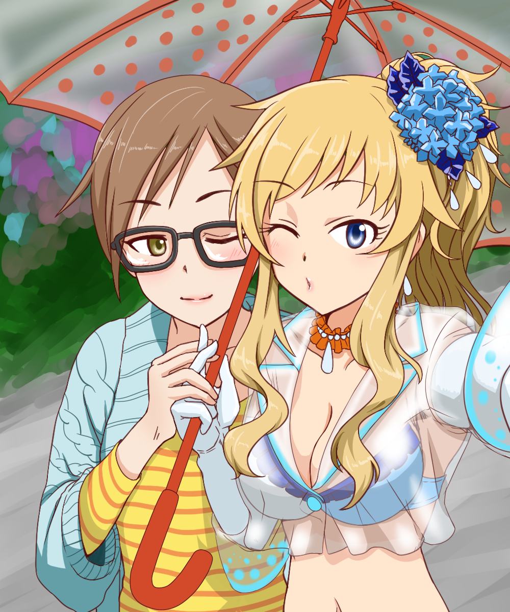 2girls, aikawa_chinatsu, blonde_hair, breasts, brown_hair, cleavage, collarbone, flower