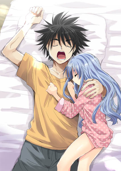 1boy, 1girl, black_hair, blue_hair, casual, closed_eyes, index, kamijou_touma, long_hair, miyamoto_yuu, no_pants, open_mouth, pajamas, pillow, short_hair, sleeping, sleepwear, spiky_hair, to_aru_majutsu_no_index