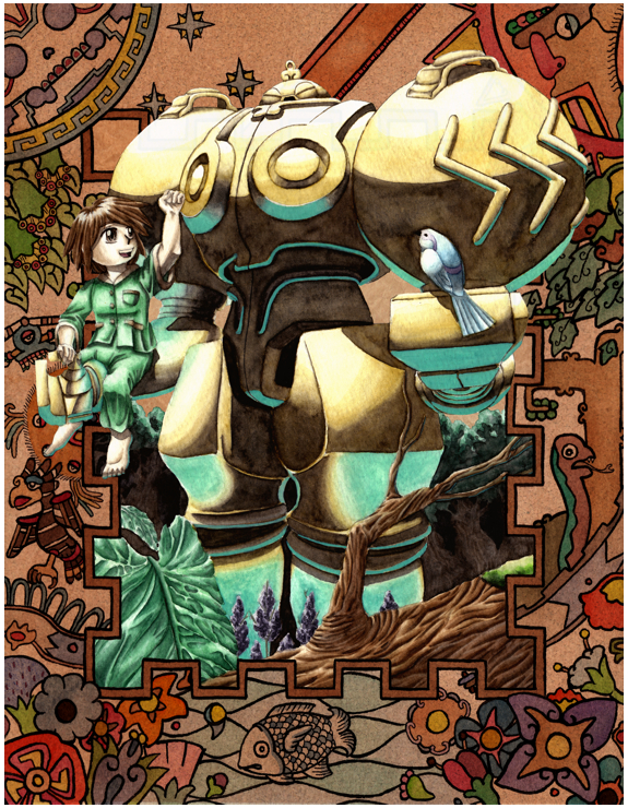 1boy, aztec, aztec_glyphs, bird, cecil_(vampire), child, maya_(culture), mecha