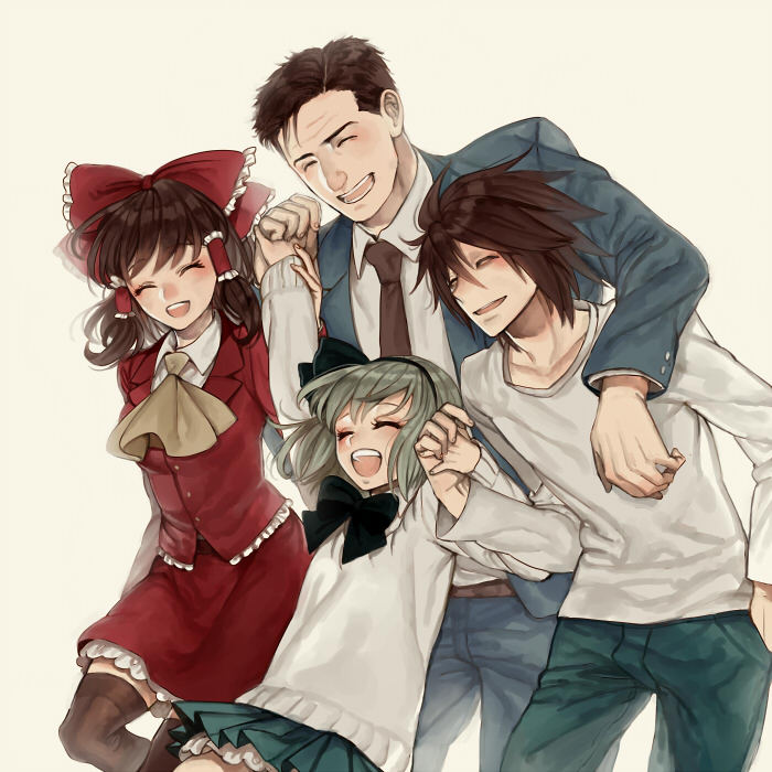 2boys, 2girls, brown_hair, closed_eyes, death_note, formal, hairband, hakurei_reimu