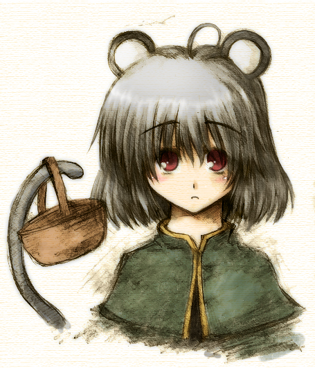 bad_id, basket, blush, grey_hair, mouse_ears, mouse_tail, nazrin, red_eyes