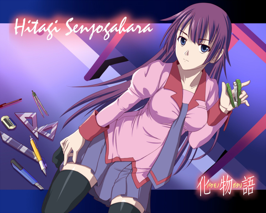 bad_id, bakemonogatari, black_legwear, blue_eyes, boxcutter, kneeling, long_hair, monogatari_(series)