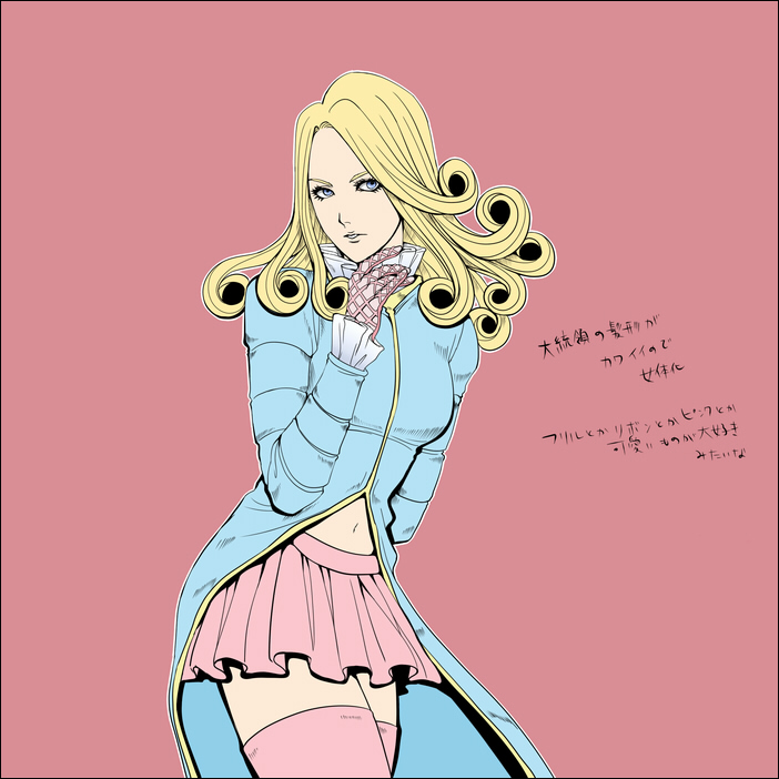 1girl, blonde_hair, blue_eyes, curly_hair, funny_valentine, genderswap, jojo_no_kimyou_na_bouken, long_hair