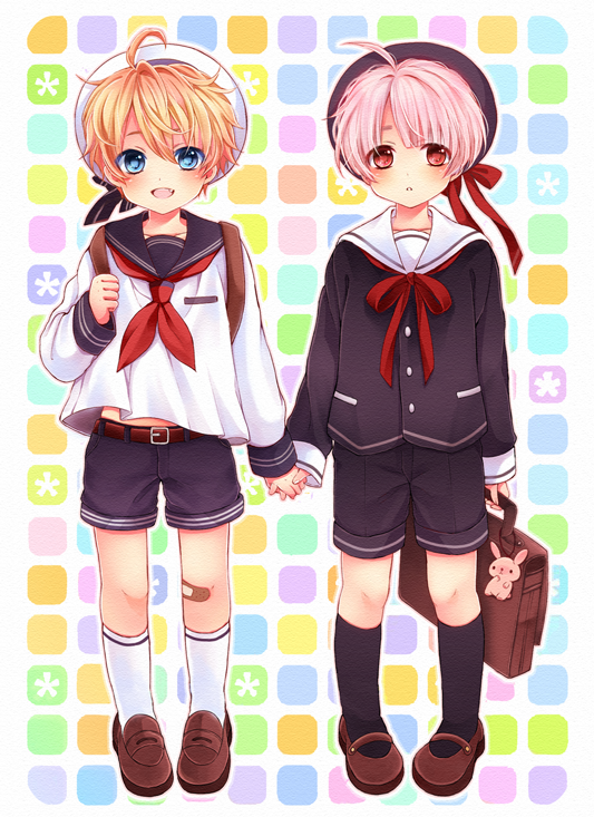 2boys, ahoge, bag, bandages, blonde_hair, blue_eyes, blush, fang