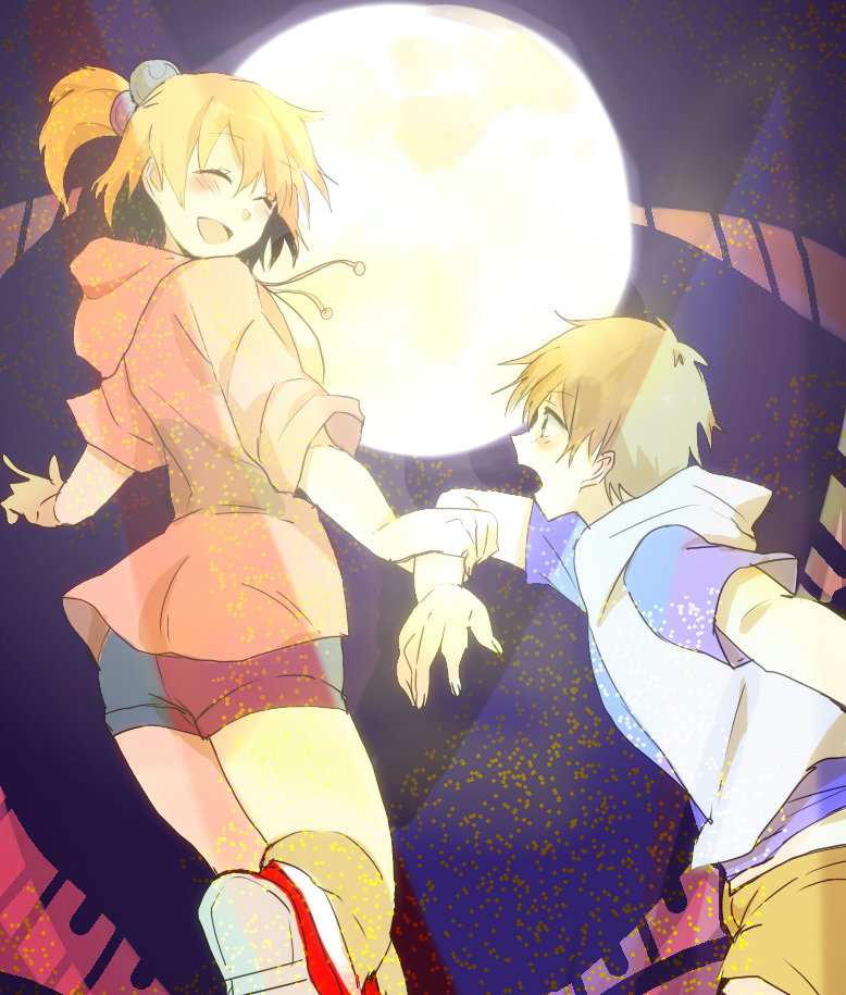 1boy, 1girl, blonde_hair, blush, brown_hair, closed_eyes, happy, hibiya_(kagerou_project), hoodie, kagerou_project, kisaragi_momo, long_hair, moon, naiko, short_hair, shorts, side_ponytail, smile