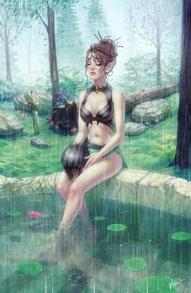 1girl, barefoot, bikini, blush, brown_hair, closed_eyes, elf, flower, helmet, katie_de_sousa, lotus, nature, original, pointy_ears, rain, short_hair, soaking_feet, solo, swimsuit, sword, the_elder_scrolls_iv:_oblivion, tied_hair, tree, water, weapon