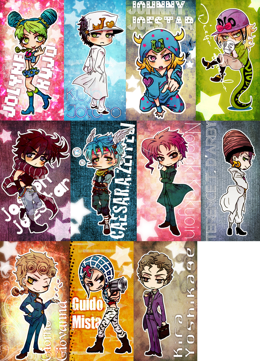 1girl, 6+boys, caesar_anthonio_zeppeli, chibi, diego_brando, giorno_giovanna, gun, hat