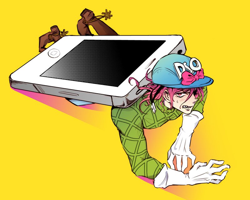 1boy, apple_inc., blonde_hair, boots, diego_brando, fangs, gloves, hat